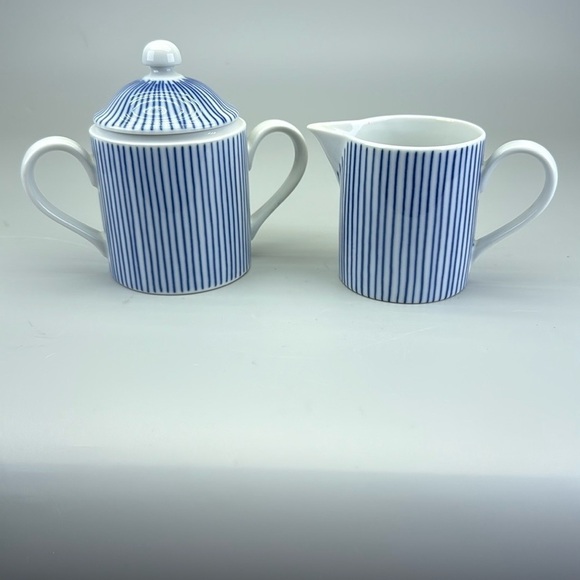 Fitz and Floyd Les Bands Blue and White Striped Sugar Creamer Set - Picture 2 of 15